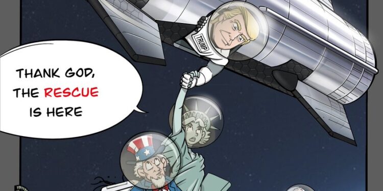 The mission to save America, to save the world. 
Inspired by #SpaceX and #StarshipFlight5